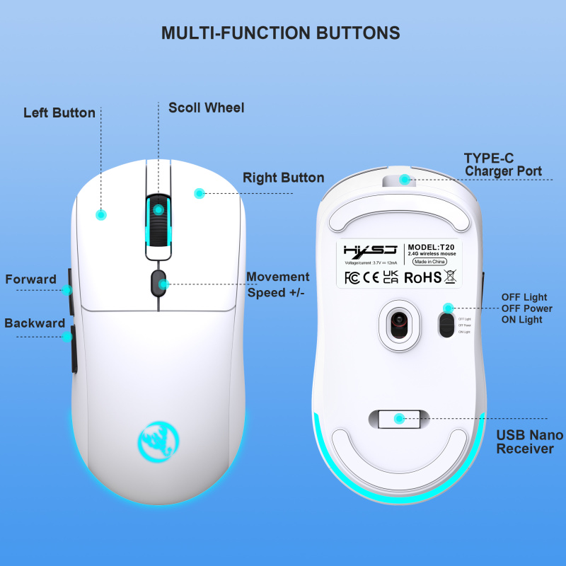 T20 Wireless Mouse 4800dpi Rechargeable 6 keys